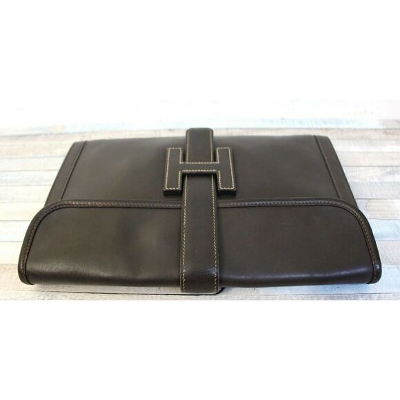 AUTHENTIC HERMÈS JIGE FRANCE BROWN GENUINE LEATHER H LOGO FRONT CLUTCH HANDBAG - Picture 3 of 11